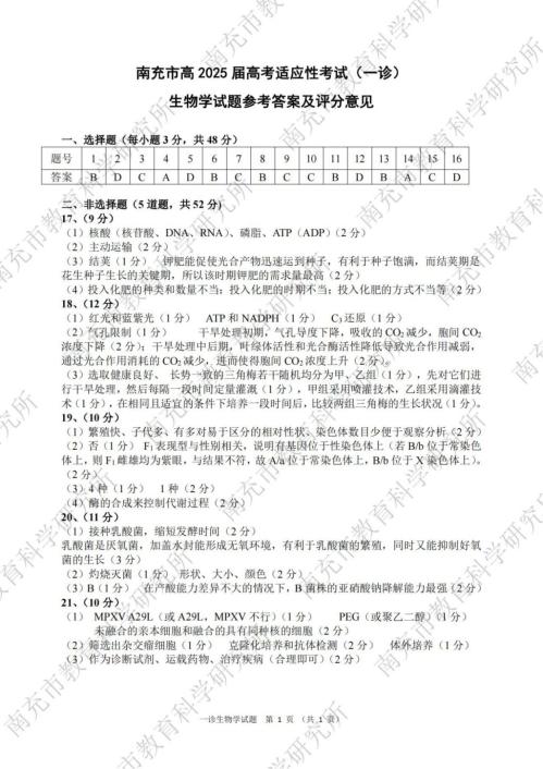 南充市高三一诊生物+化学试卷答案2024