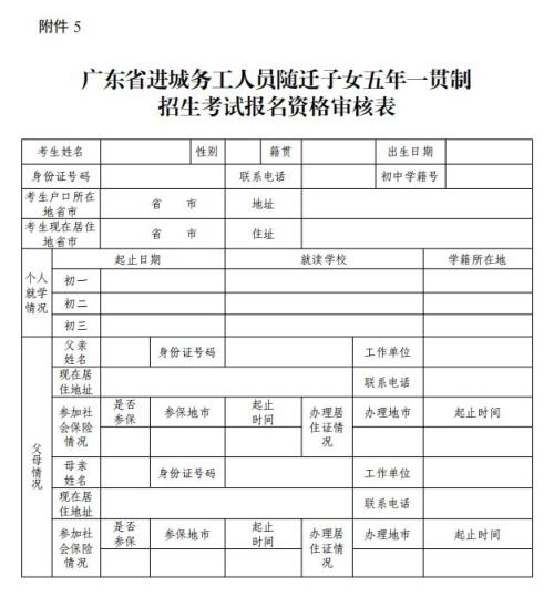 2026广东省进城务工人员随迁子女五年一贯制招生考试报名资格审核表