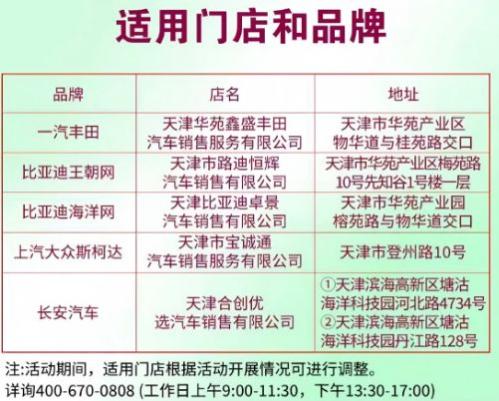 天津高新区2026春季汽车消费券适用门店