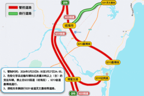 2026年3月21日至27日海南琼海等地部分道路分时交通管制