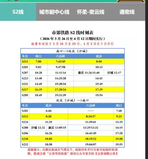2026北京s2线最新时刻表怎么查询（附买票指南）